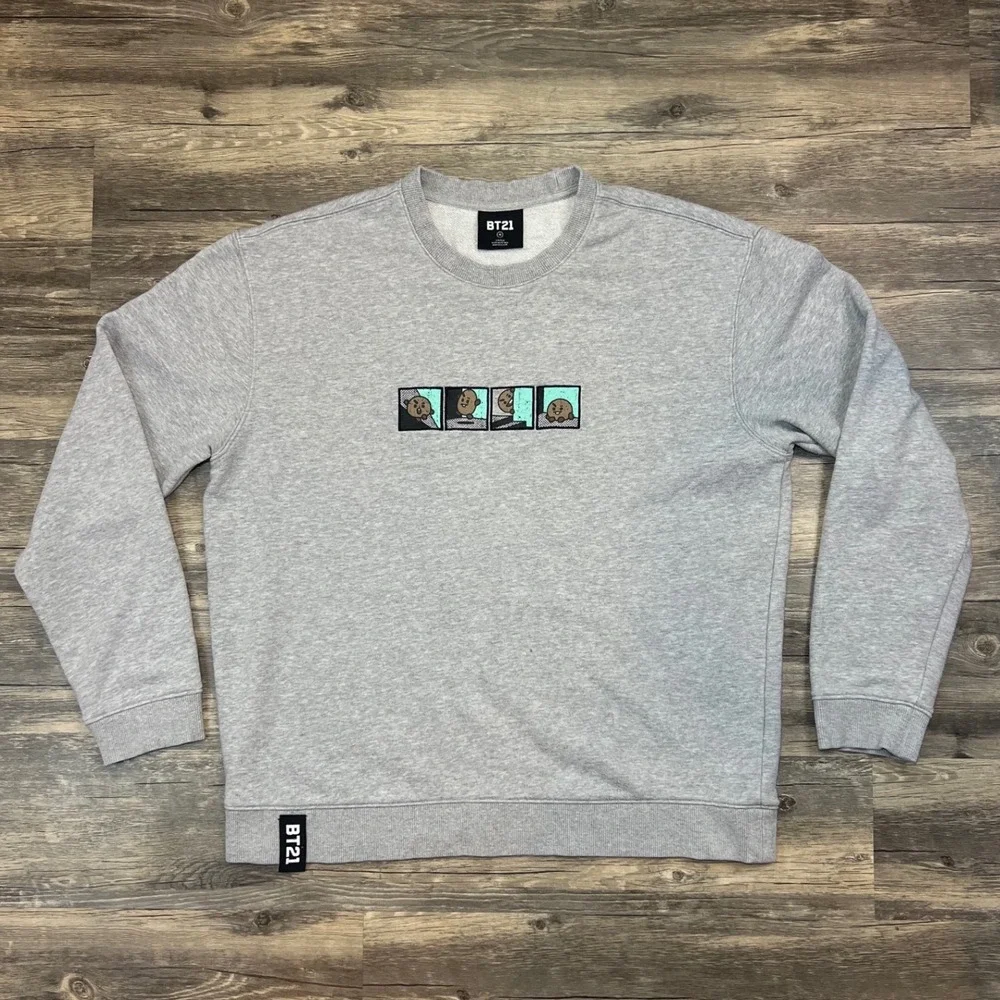BT21 Crewneck Sweatshirt Medium Gray Graphic BTS LINE Friends Kpop Unisex‎